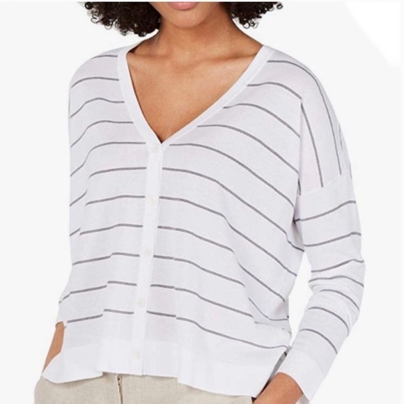 Eileen Fisher Sweaters - EILEEN FISHER White Black Striped V-Neck Boxy Lightweight Cardigan Size Medium